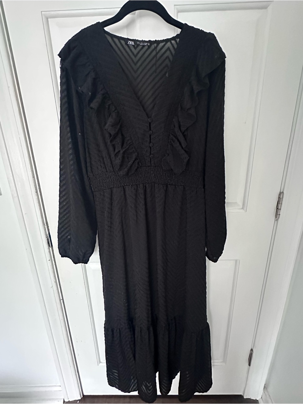 Zara Black Long-Sleeve V-Neck Ruffle Midi Dress